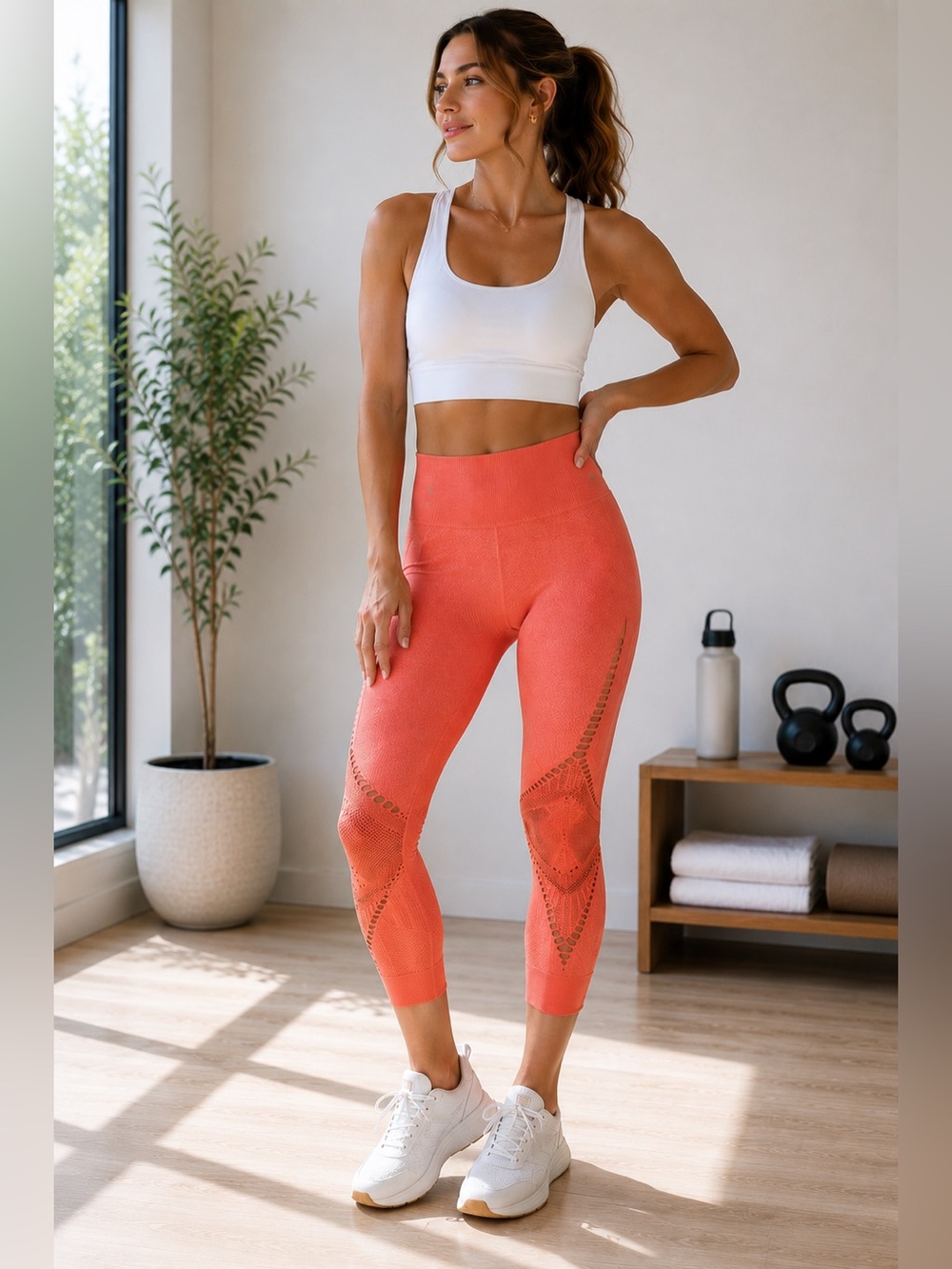 NUX Alana Seamless Cutout Capri Leggings Coral Small NWT